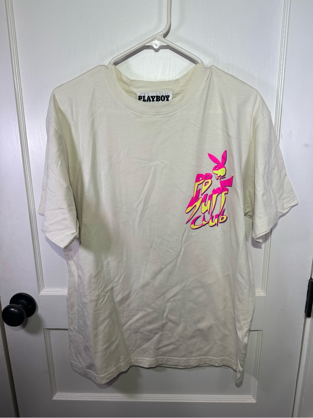 PLAYBOY +PacSun Cream Graphic Tee with Neon Pink Logo